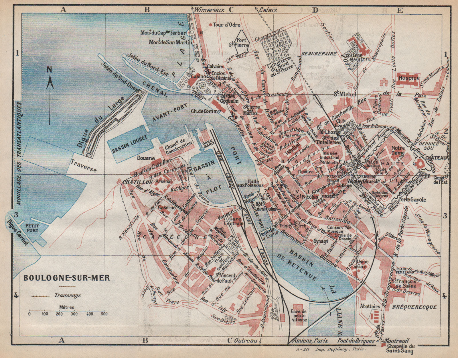 BOULOGNE-SUR-MER. Vintage town city ville map plan carte. Pas-De-Calais 1922